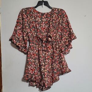 Womens Multicolor Floral‎ Print One-Piece Romper Size Large Flowy Boho Black